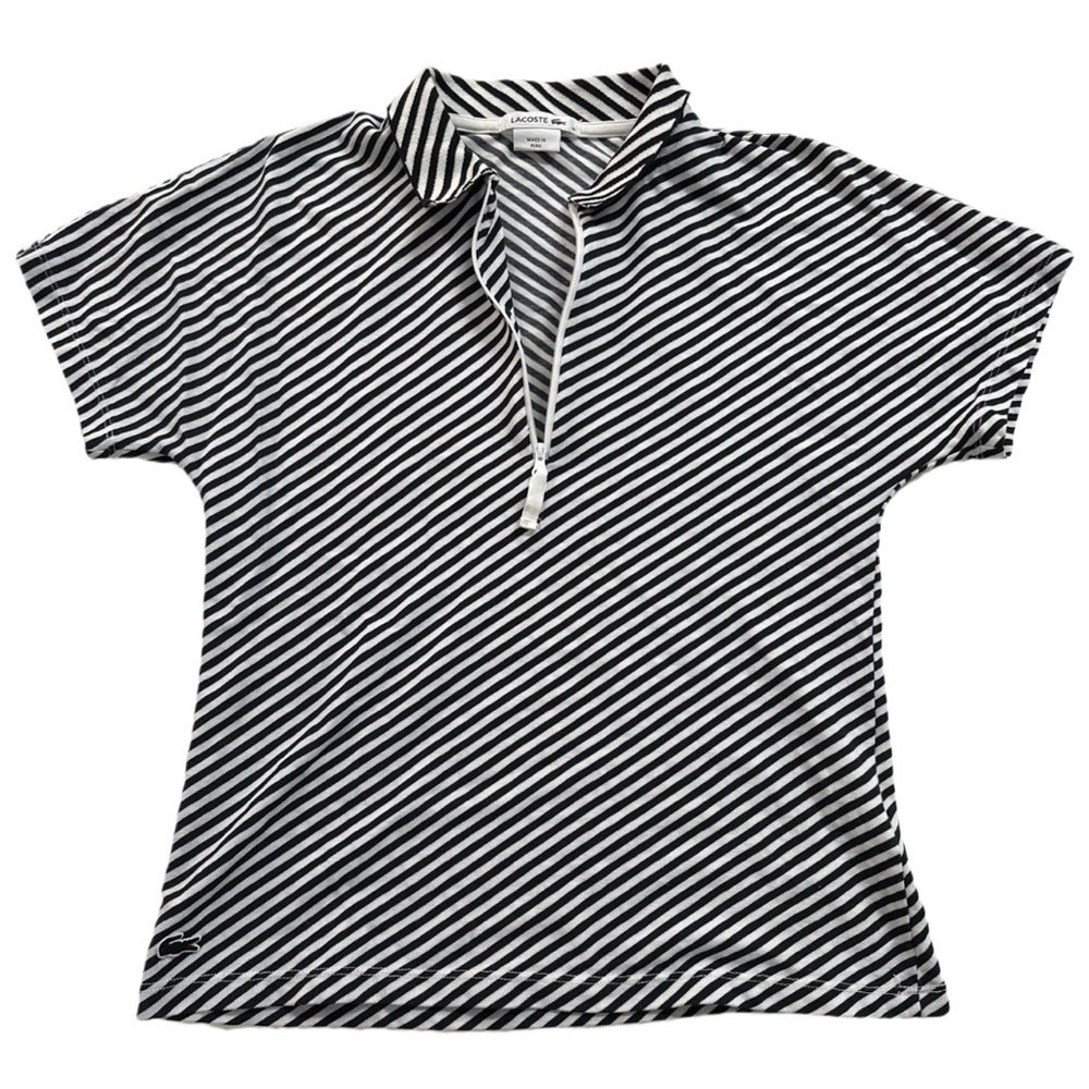 LACOSTE women's b&w striped high zip neck slim fit woven polo shirt, 38/M.